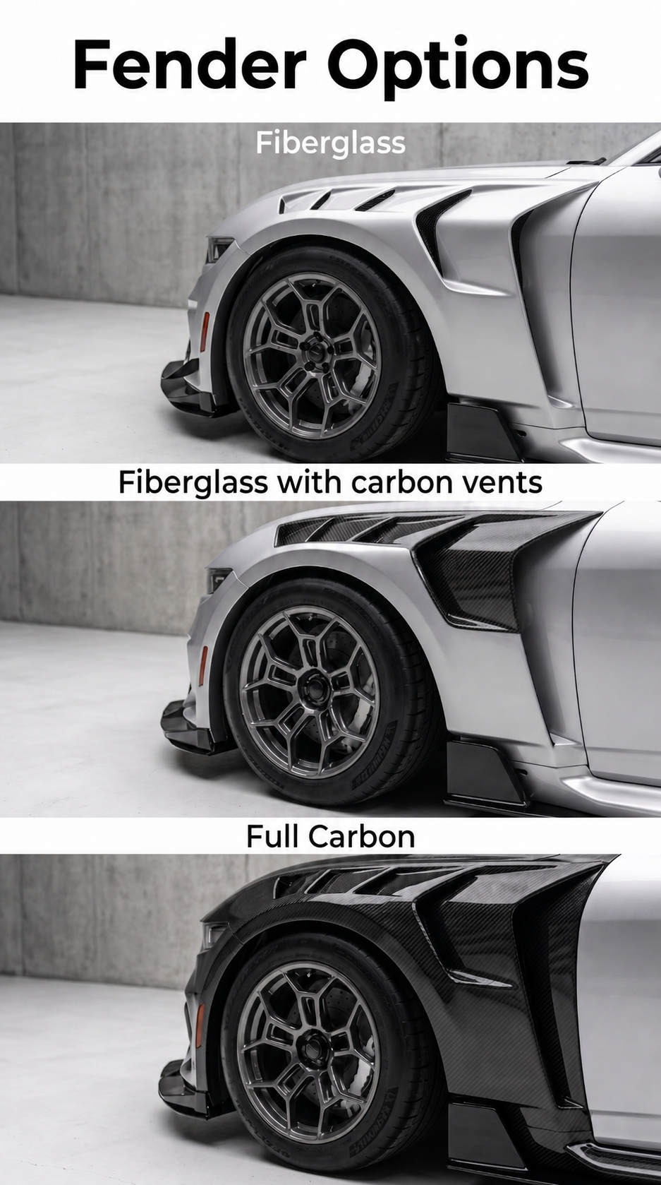 R1 Evo Widebody Kit fender options for 2024+ Ford Mustang S650 by MAZ Muscle